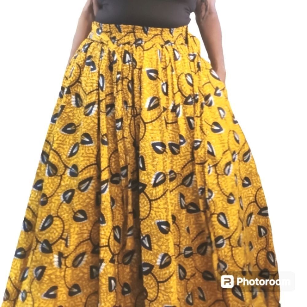 African Gold Black Floral Print A-line Maxi Skirt OS